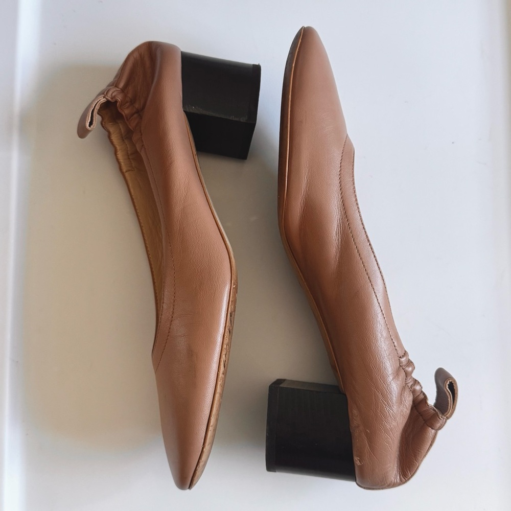 EVERLANE Day Heel Tan Blush Nude Leather Wood Block Stacked Elastic